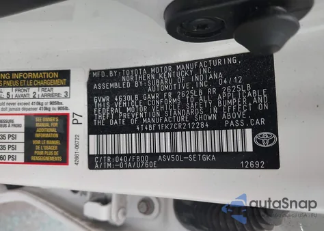 2012 Toyota Camry Xle from USA, damaged, VIN 4T4BF1FK7CR212284